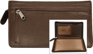 Enlarged view of brown zippered leather checkbook organizer