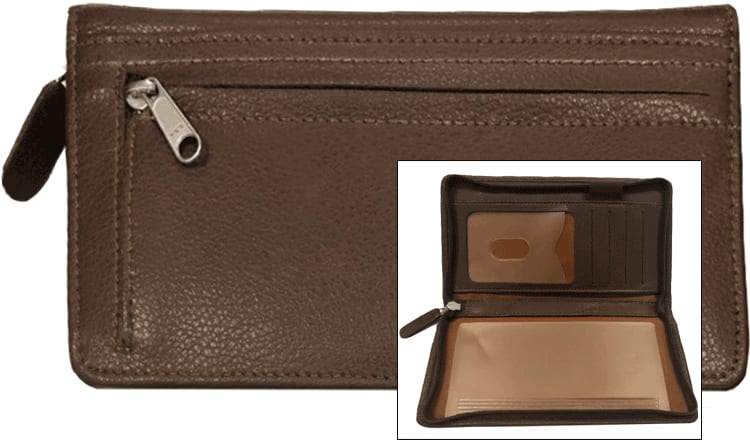 Brown Zippered Leather Checkbook Organizer - click to view larger image
