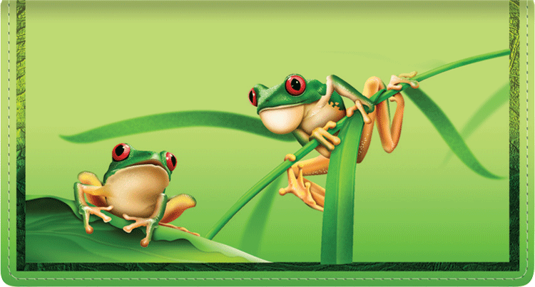 Enlarged view of frogs leather checkbook cover