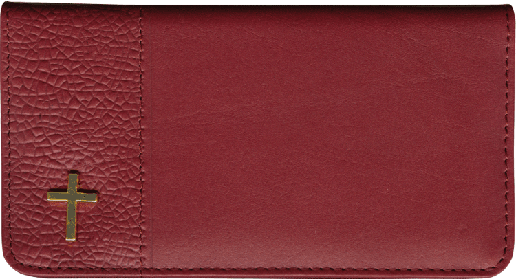 Enlarged view of leather checkbook cover with cross pin