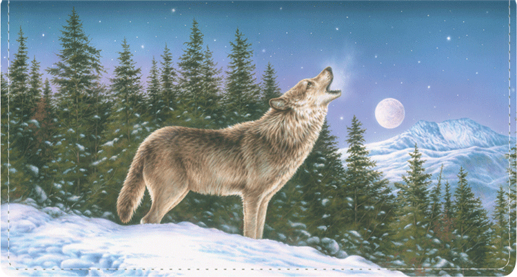 Enlarged view of wolves leather checkbook cover